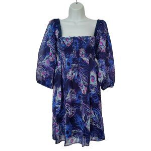 Three Eight Two Dress Size S Blue Peacock Babydoll Art to Wear Sheer Lined USA